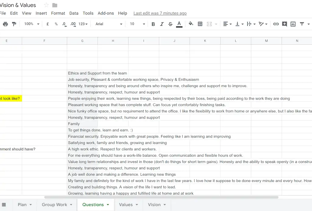 Summary of group answers to hone ideas for company values