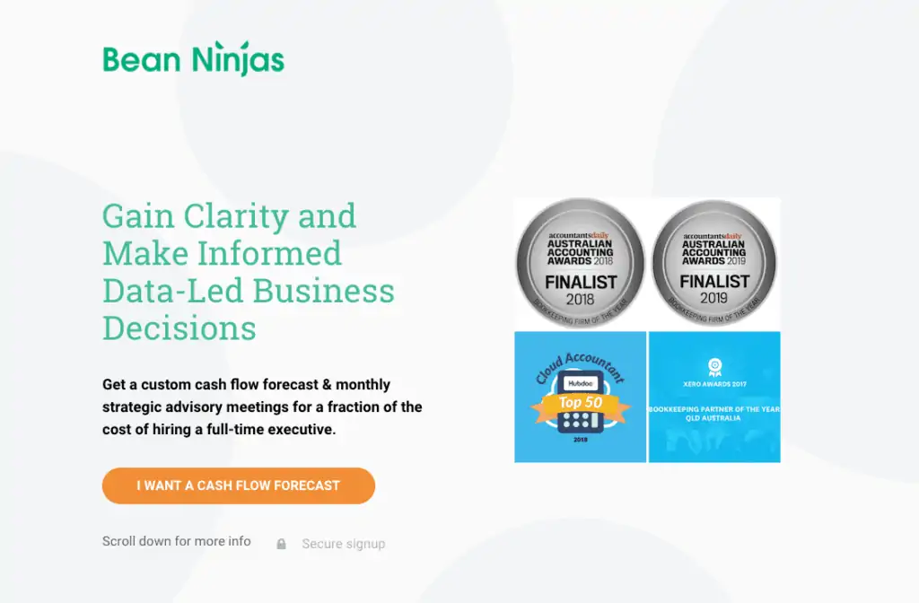 bean ninjas cashflow forecast vcfo landing page