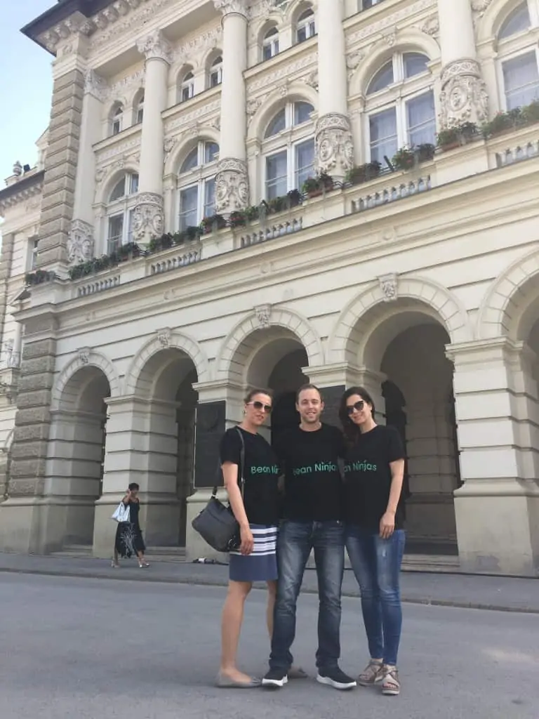 Tom with a couple of Bean Ninjas team members in Serbia 