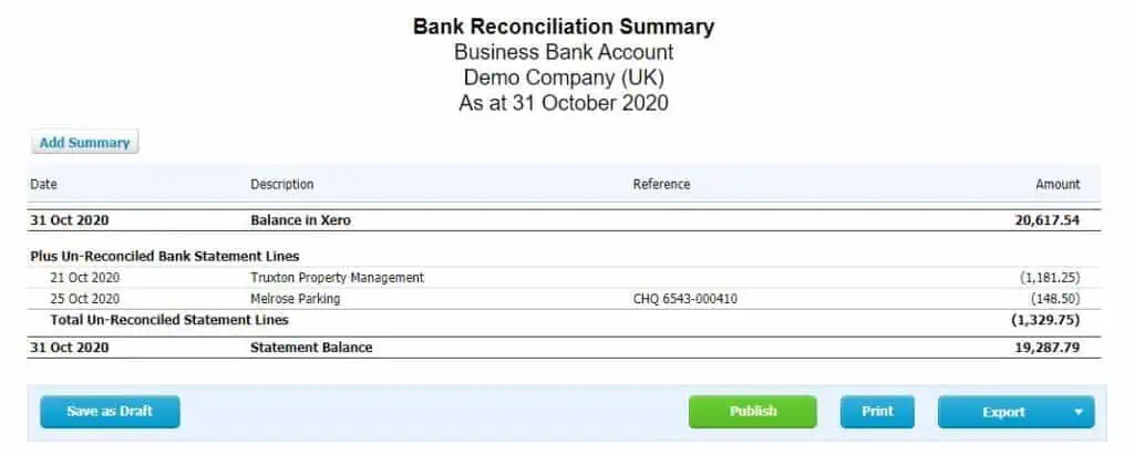 Xero Bank Reconciliation Summary 