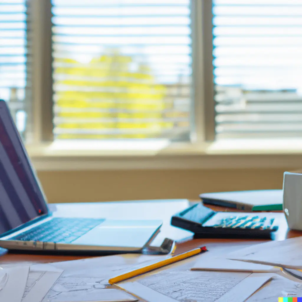 accounting documents in a desk with a calculator, laptop and pencils and a cup of coffe around it