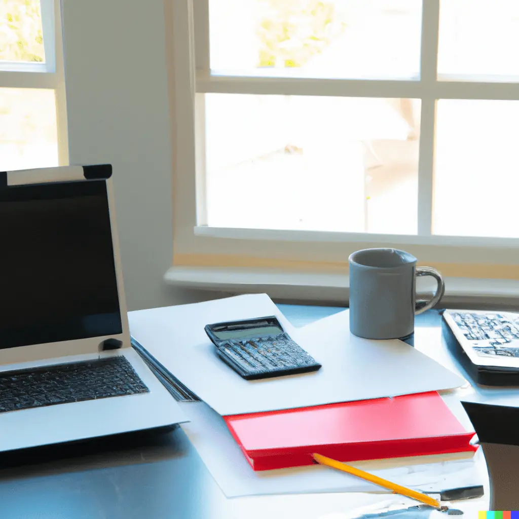 documents in a desk with a calculator, laptop and pencils and a cup of coffe